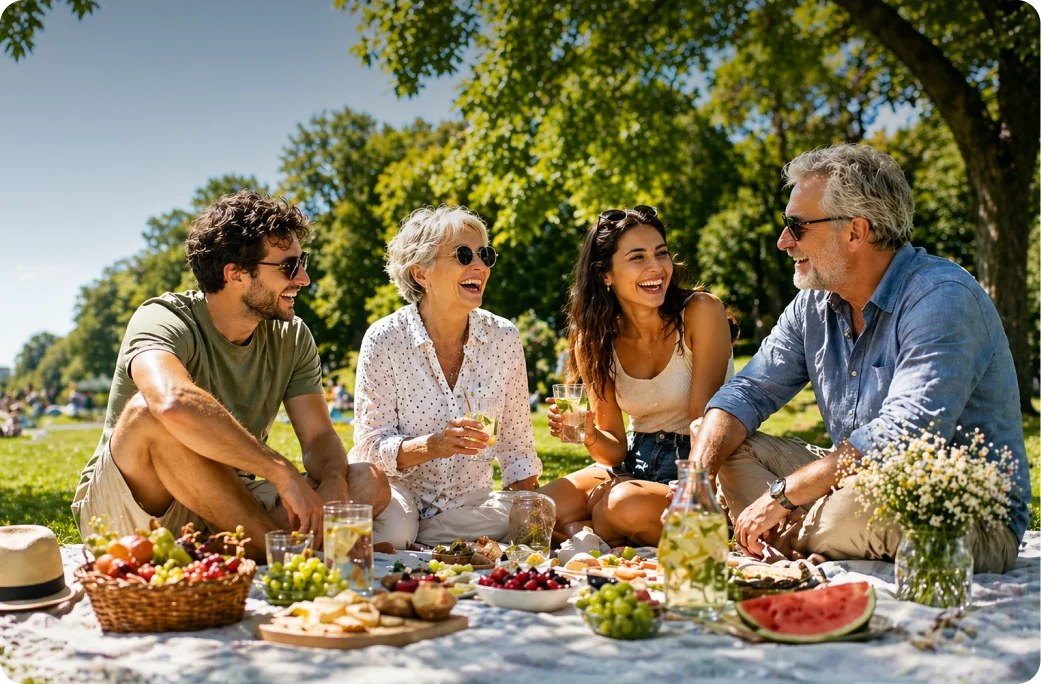 Gruppe älterer Freunde lacht gemeinsam bei einem Picknick im Grünen